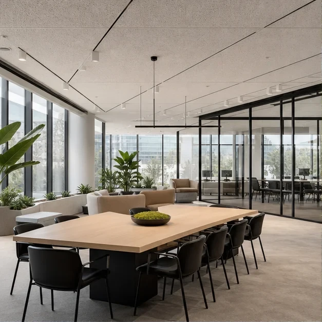 Concept image of a bright commercial workspace with wood tables and glass partitions