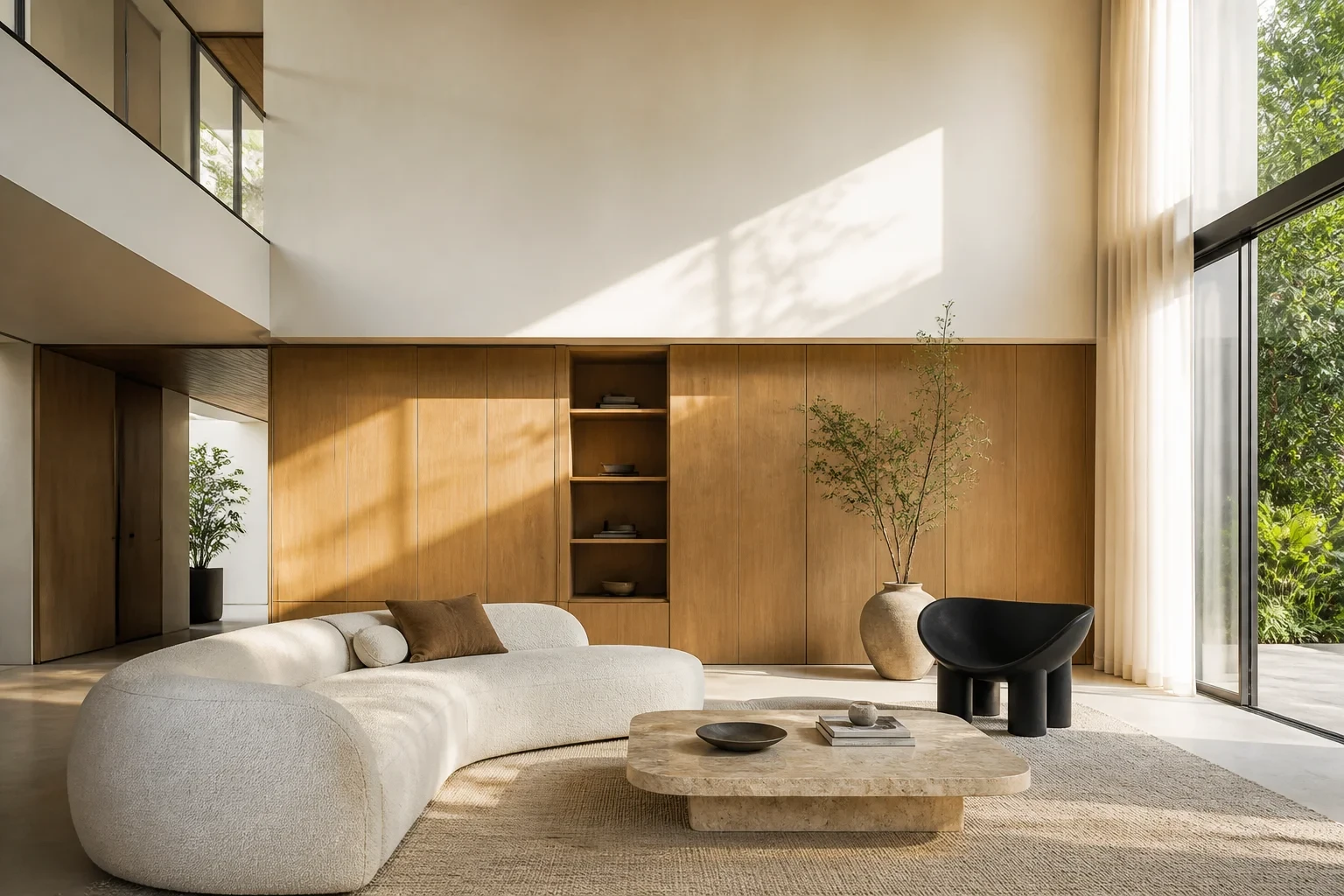 Concept image of a modern living room with a white sofa, wood panels, and natural light
