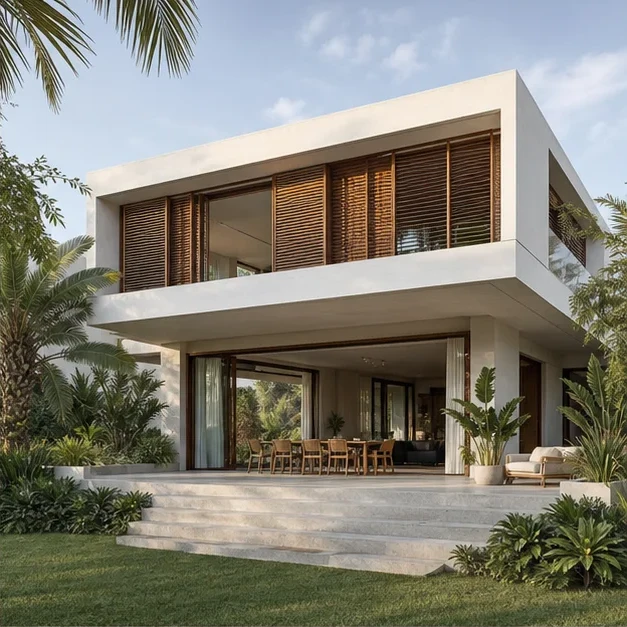 Concept image of a modern tropical home with a white facade and wood screens